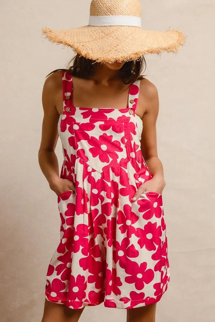 BiBi Floral Print Short Overalls – Tuck Detail Romper with Pockets for Women