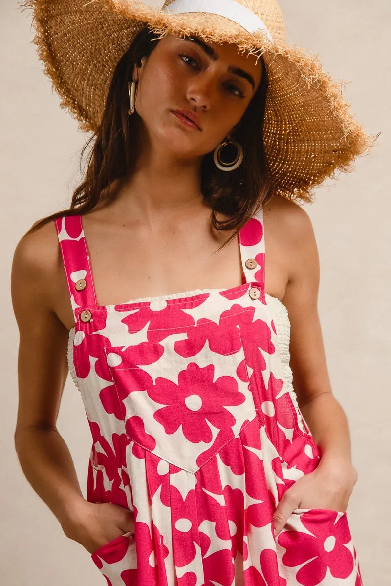 BiBi Floral Print Short Overalls – Tuck Detail Romper with Pockets for Women