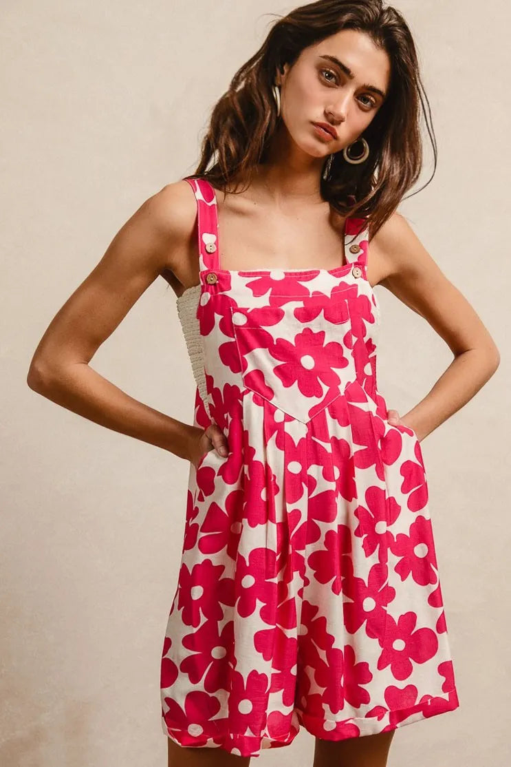 BiBi Floral Print Short Overalls – Tuck Detail Romper with Pockets for Women