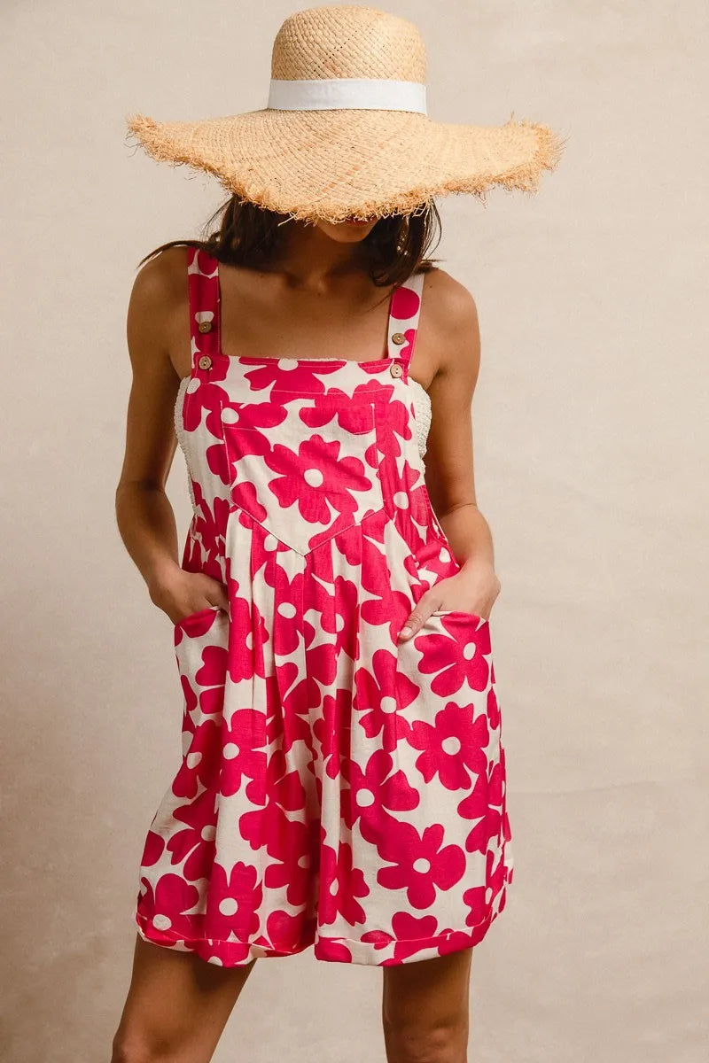 BiBi Floral Print Short Overalls – Tuck Detail Romper with Pockets for Women