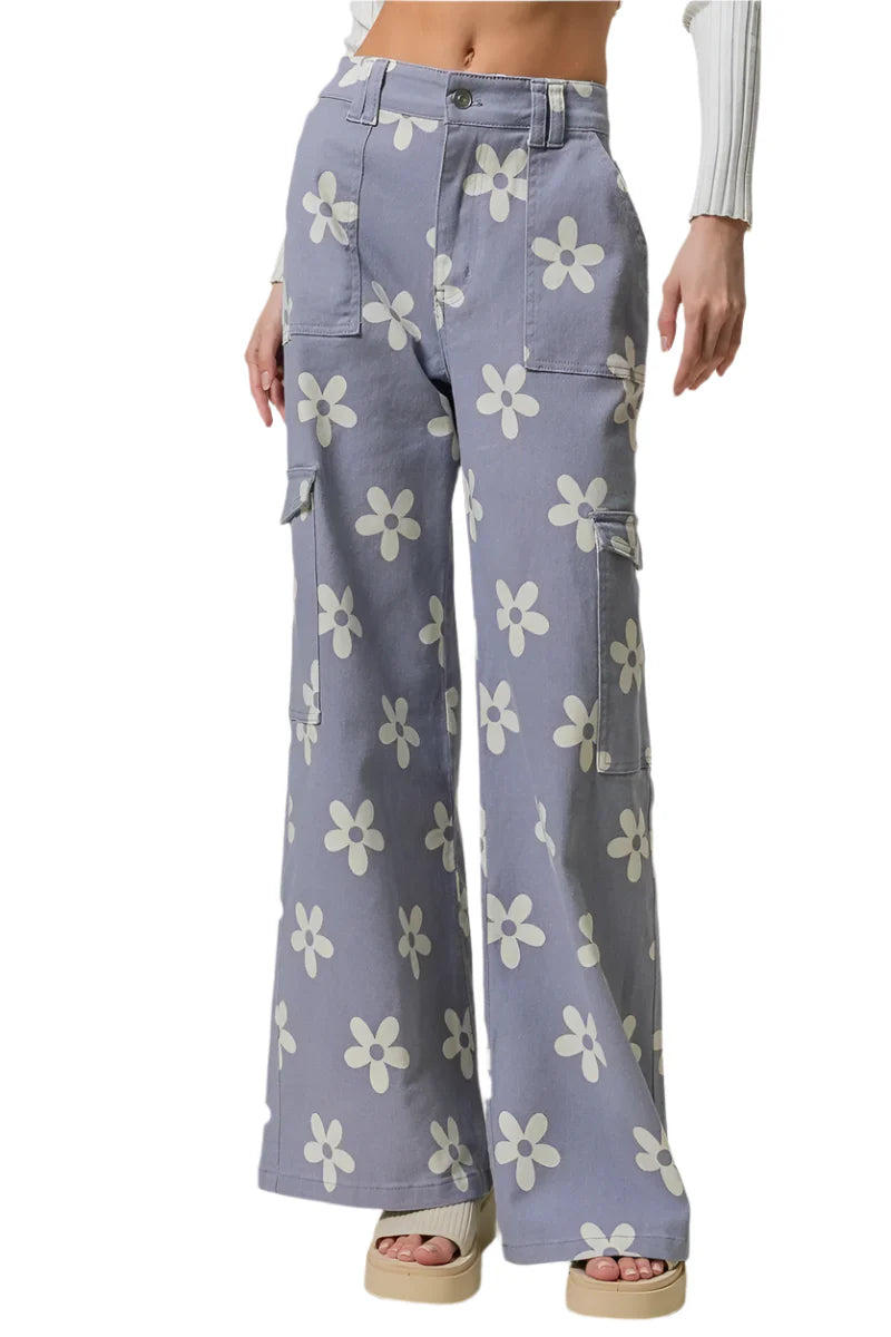 BiBi Flower Printed Side Pocket Wide Pants