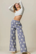 BiBi Flower Printed Side Pocket Wide Pants
