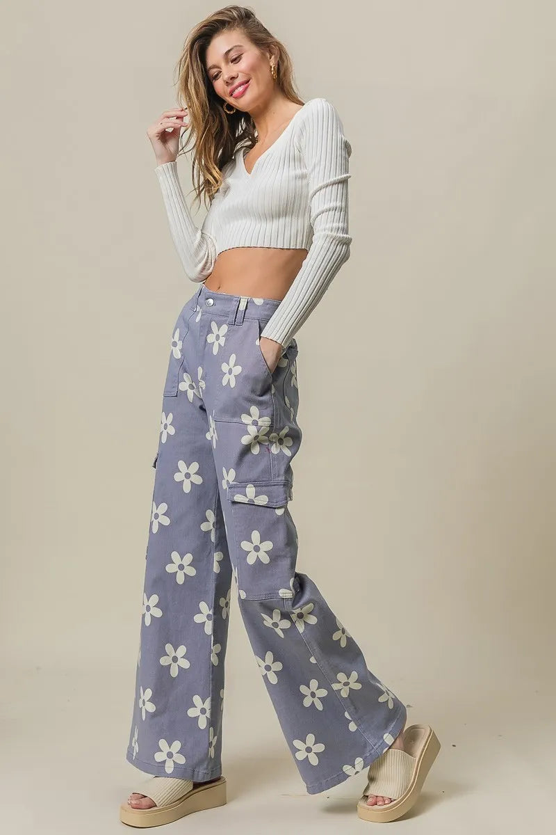 BiBi Flower Printed Side Pocket Wide Pants