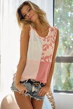 BiBi French Terry Color Block Leopard Sleeveless Top