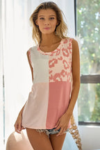 BiBi French Terry Color Block Leopard Sleeveless Top