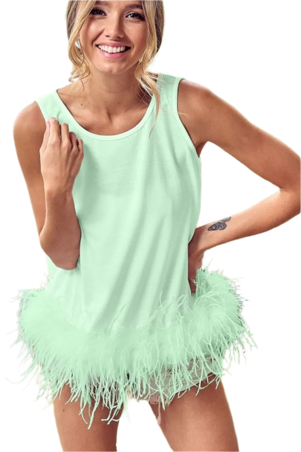 BiBi French Terry Faux Feather Bottom Back Tied Top