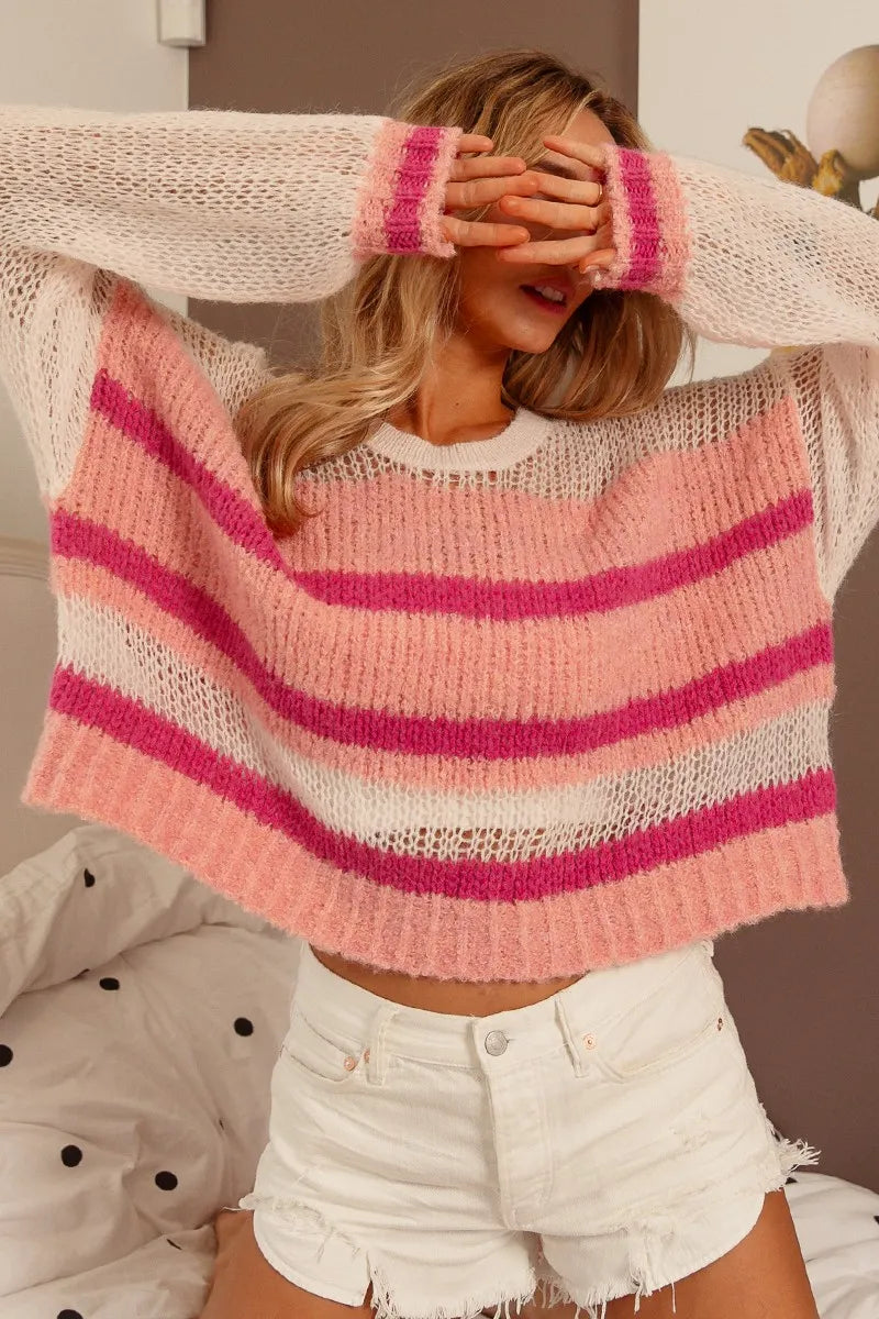BiBi Hollow Out Yoke Striped Sweater – Chic & Cozy Knitwear