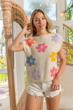 BiBi Jeweled Crochet Flower Sweater Vest – Colorful Patch Knit Top for Women