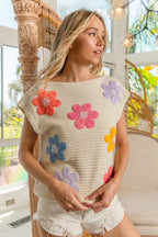 BiBi Jeweled Crochet Flower Sweater Vest – Colorful Patch Knit Top for Women