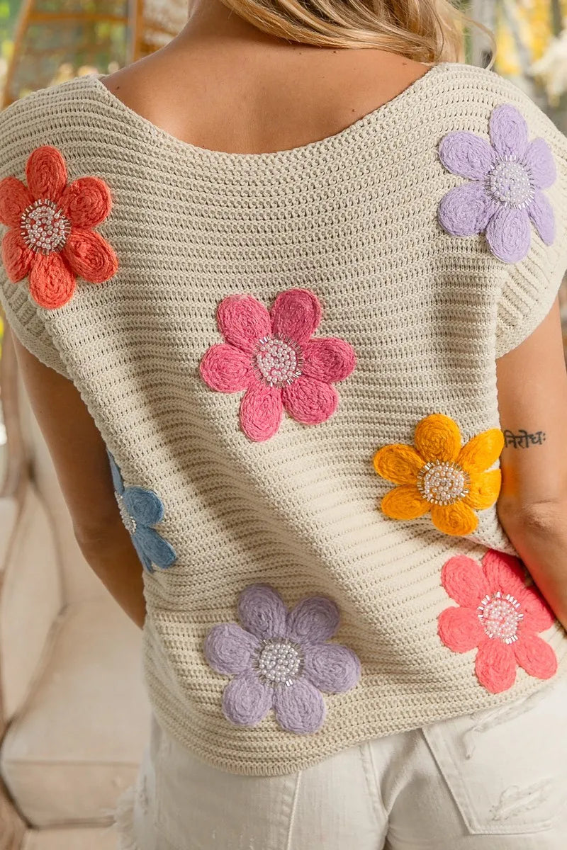 BiBi Jeweled Crochet Flower Sweater Vest – Colorful Patch Knit Top for Women