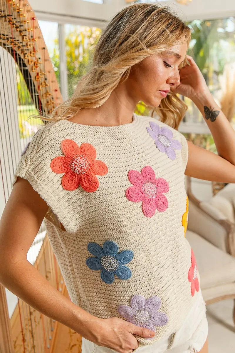BiBi Jeweled Crochet Flower Sweater Vest – Colorful Patch Knit Top for Women
