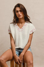BiBi Knit Solid Contrast Stitch Detail Short Sleeves Sweater