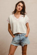 BiBi Knit Solid Contrast Stitch Detail Short Sleeves Sweater