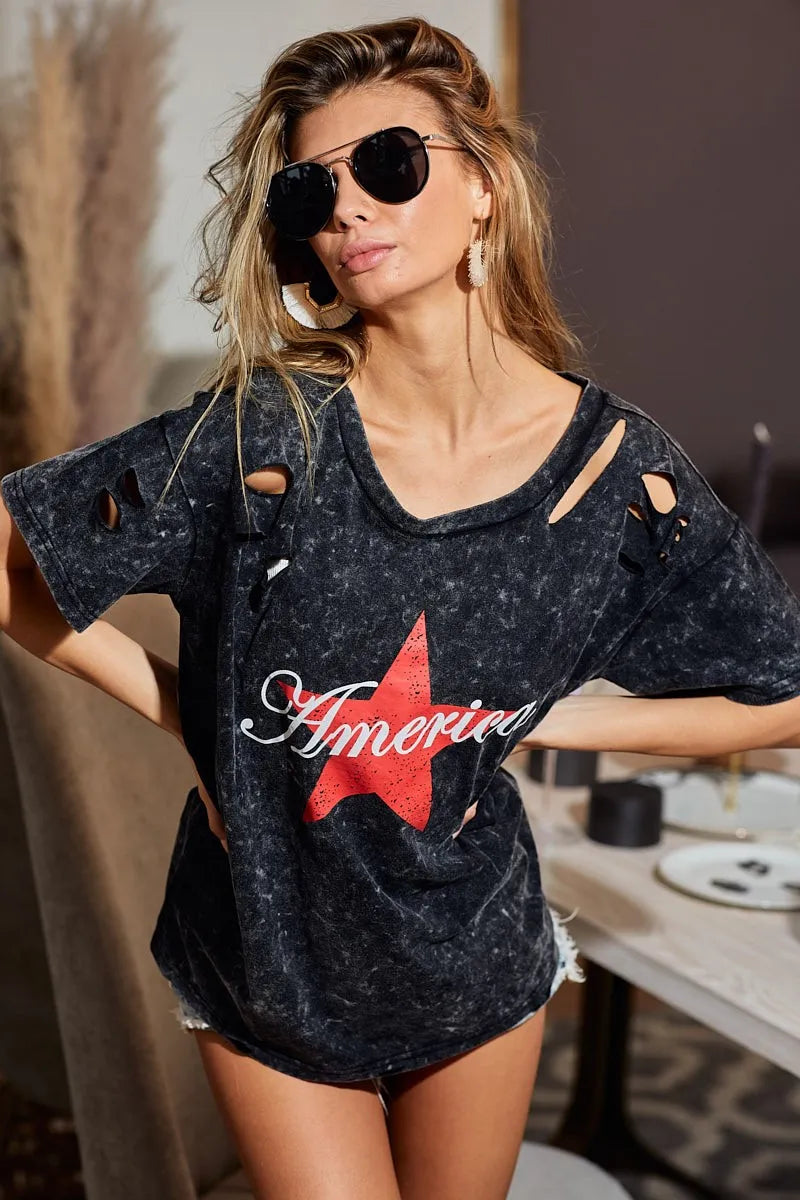 BiBi Laser Cut Mineral Washed Jersey Top with America
