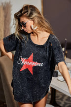 BiBi Laser Cut Mineral Washed Jersey Top with America