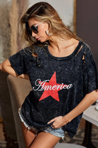 BiBi Laser Cut Mineral Washed Jersey Top with America