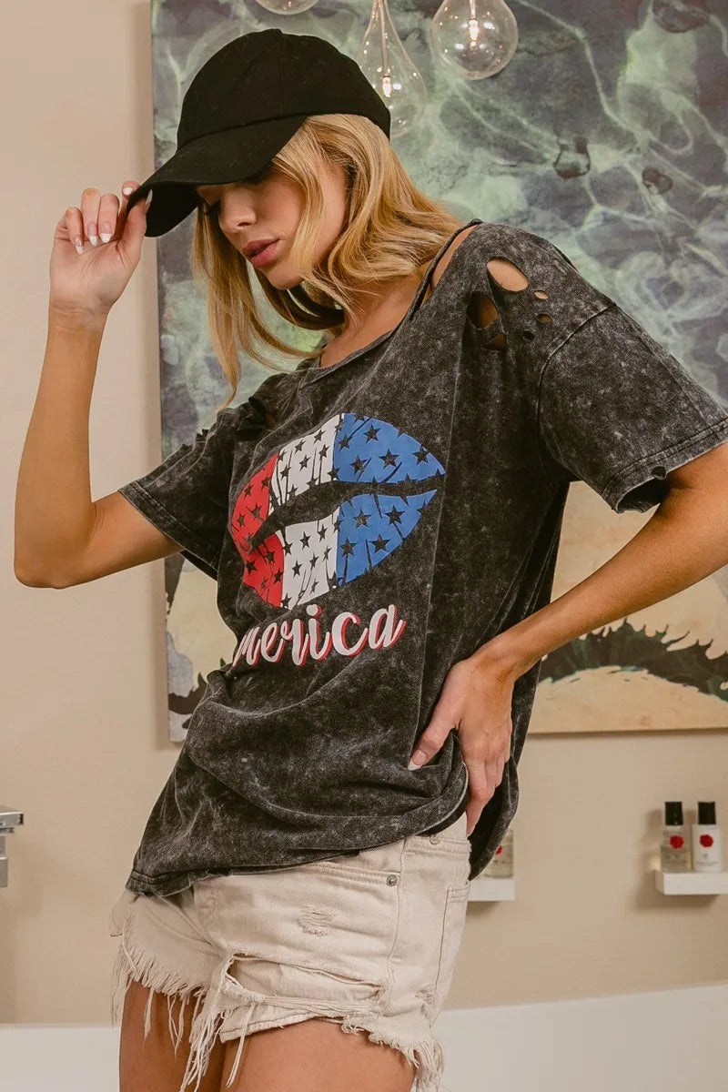 BiBi Laser Cut Mineral Washed Old Glory Lip Print Top