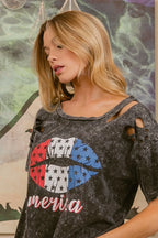 BiBi Laser Cut Mineral Washed Old Glory Lip Print Top