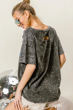 BiBi Laser Cut Mineral Washed Old Glory Lip Print Top
