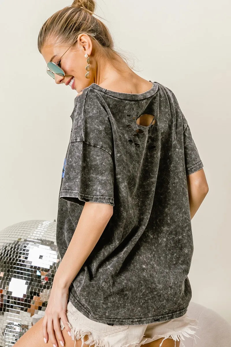 BiBi Laser Cut Mineral Washed Old Glory Lip Print Top