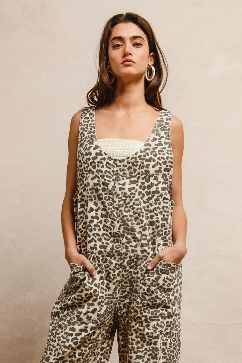 BiBi Leopard Print Jumpsuit – U Neck & Adjustable Straps for Perfect Fit