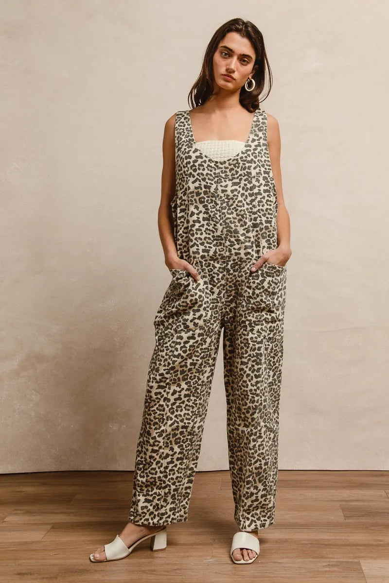 BiBi Leopard Print Jumpsuit – U Neck & Adjustable Straps for Perfect Fit