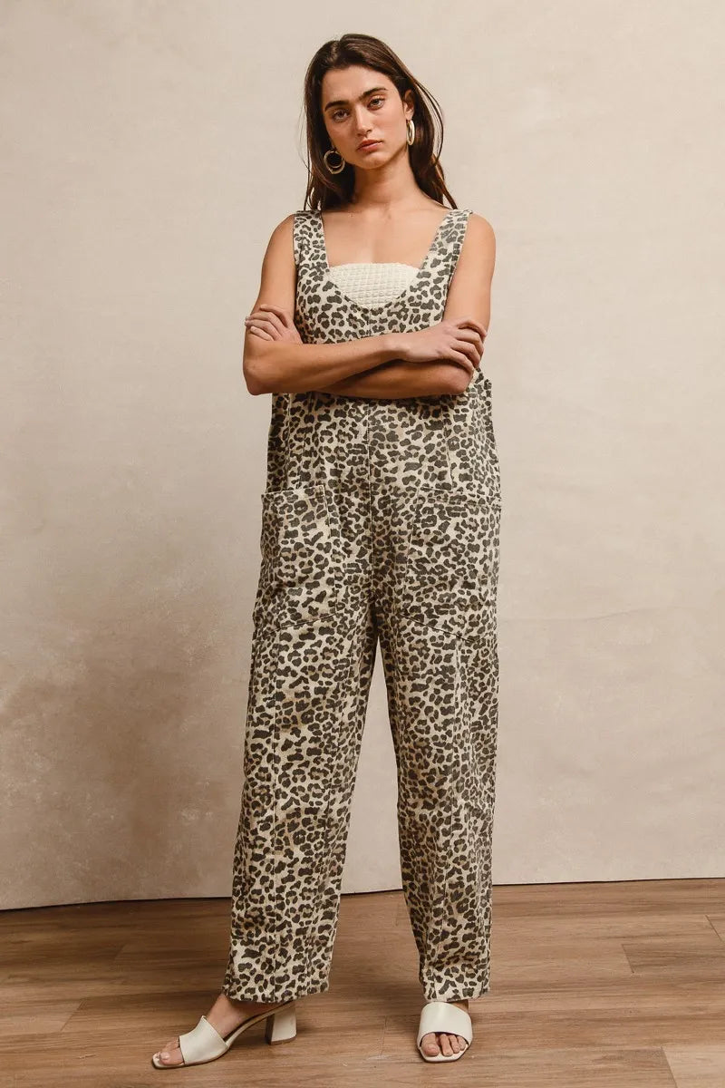 BiBi Leopard Print Jumpsuit – U Neck & Adjustable Straps for Perfect Fit