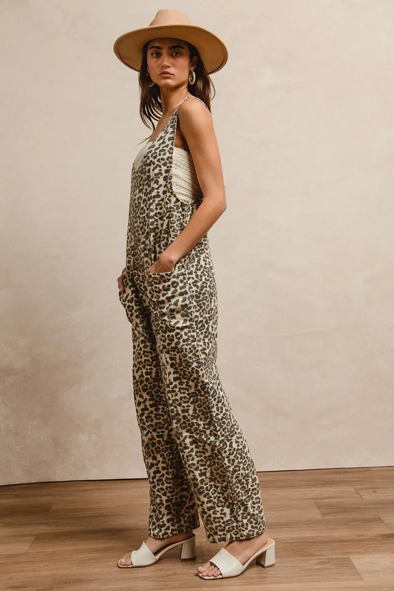 BiBi Leopard Print Jumpsuit – U Neck & Adjustable Straps for Perfect Fit