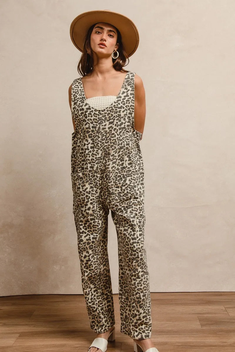 BiBi Leopard Print Jumpsuit – U Neck & Adjustable Straps for Perfect Fit
