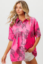BiBi Leopard Print Short Sleeve Silky Satin Shirt Top