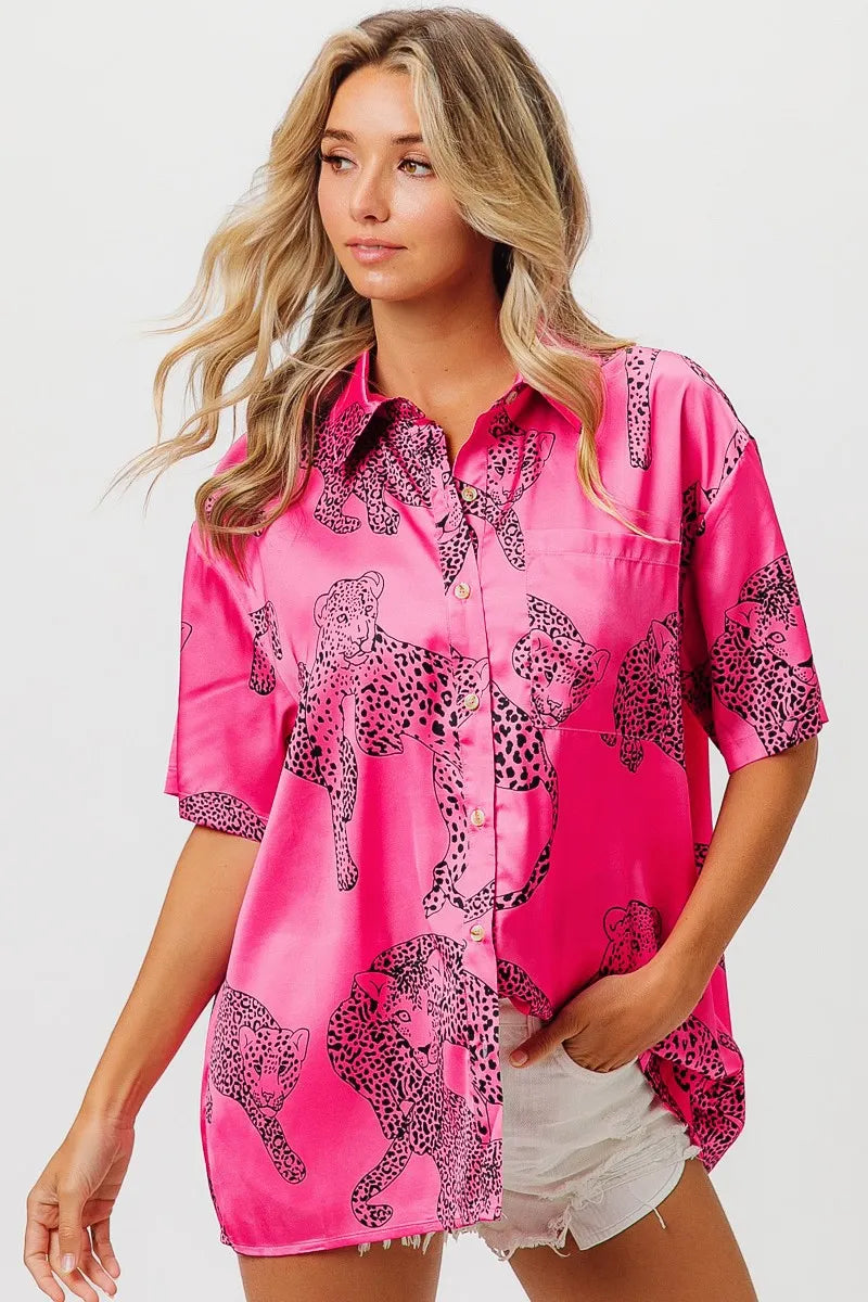 BiBi Leopard Print Short Sleeve Silky Satin Shirt Top