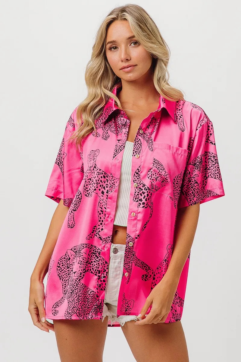 BiBi Leopard Print Short Sleeve Silky Satin Shirt Top
