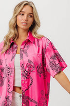 BiBi Leopard Print Short Sleeve Silky Satin Shirt Top
