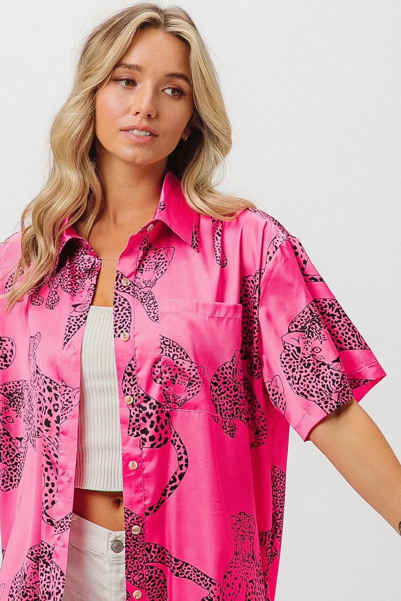 BiBi Leopard Print Short Sleeve Silky Satin Shirt Top