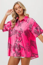 BiBi Leopard Print Short Sleeve Silky Satin Shirt Top