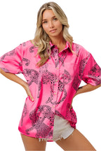 BiBi Leopard Print Short Sleeve Silky Satin Shirt Top