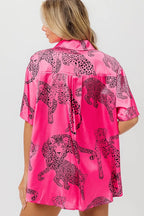 BiBi Leopard Print Short Sleeve Silky Satin Shirt Top
