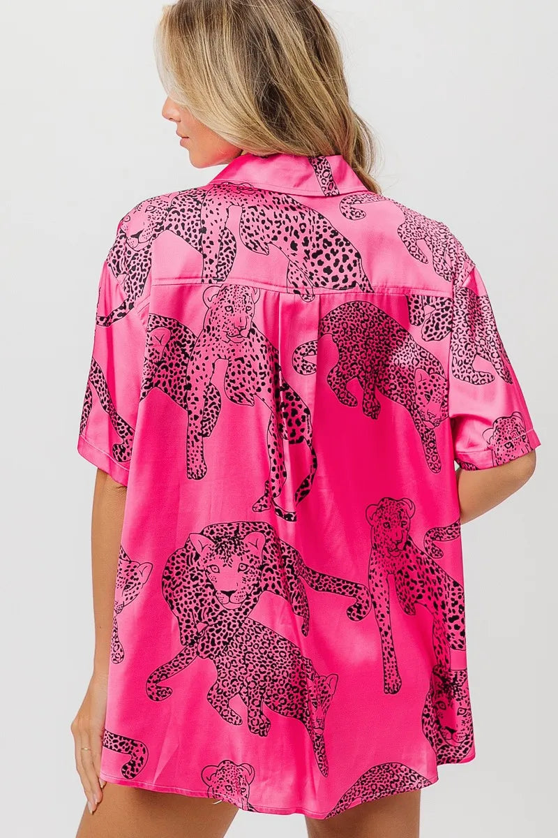 BiBi Leopard Print Short Sleeve Silky Satin Shirt Top