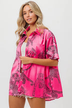 BiBi Leopard Print Short Sleeve Silky Satin Shirt Top