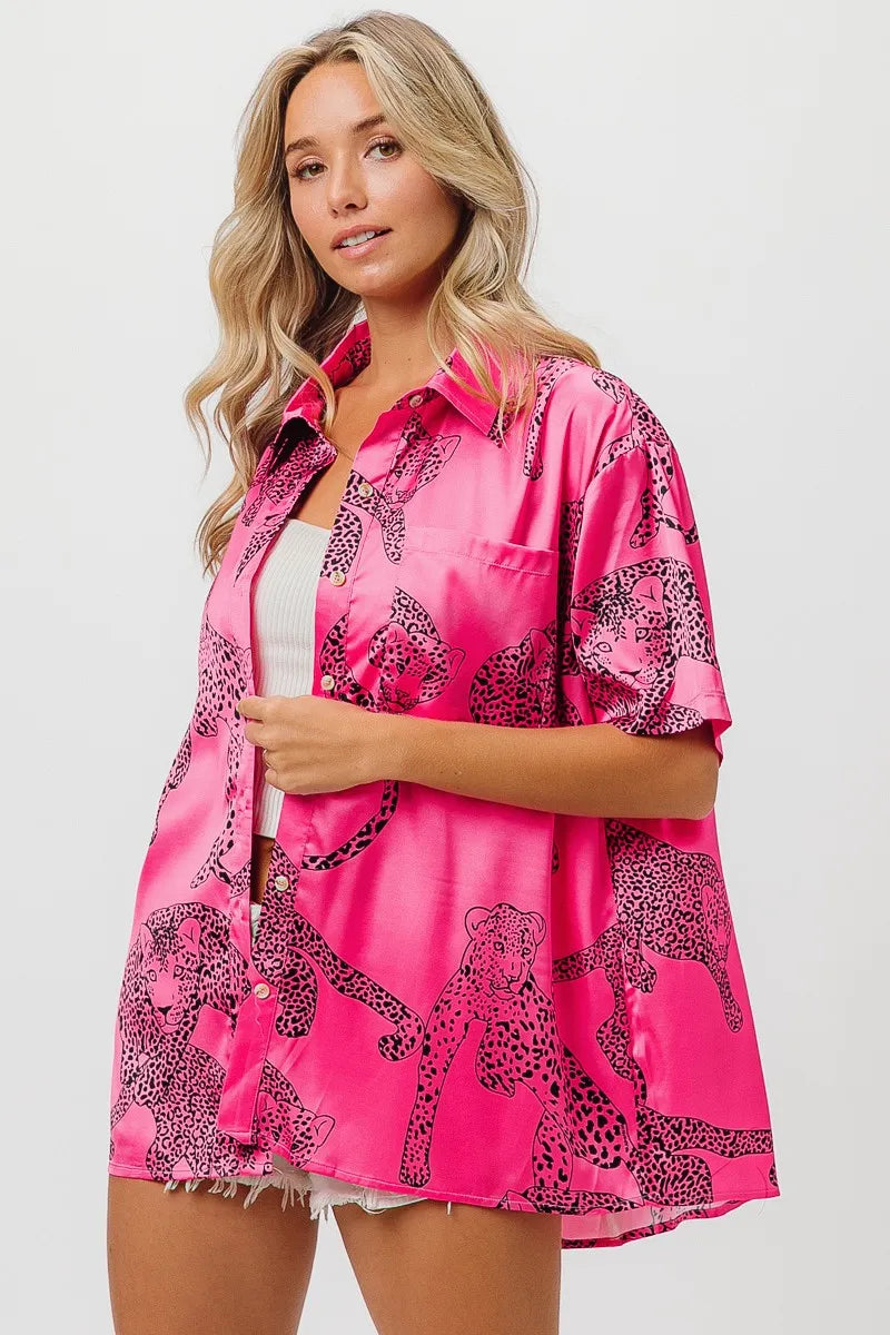 BiBi Leopard Print Short Sleeve Silky Satin Shirt Top