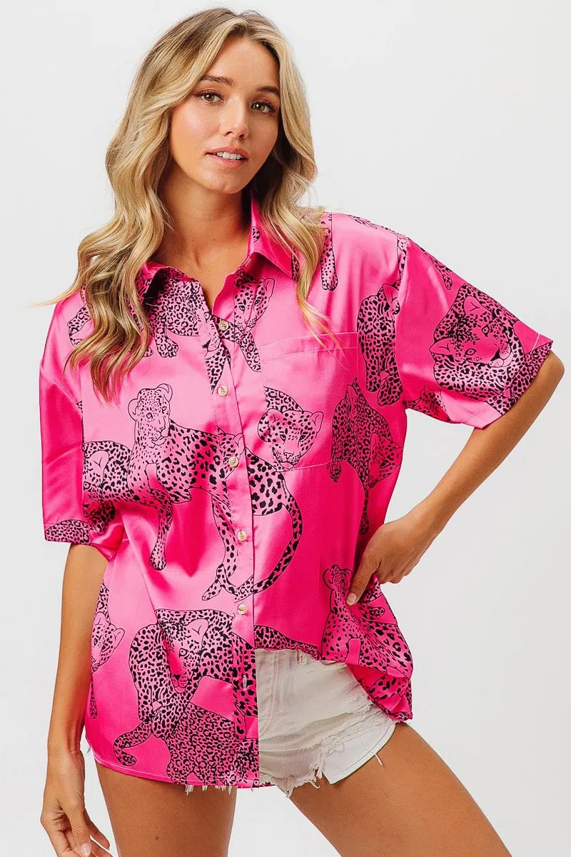 BiBi Leopard Print Short Sleeve Silky Satin Shirt Top
