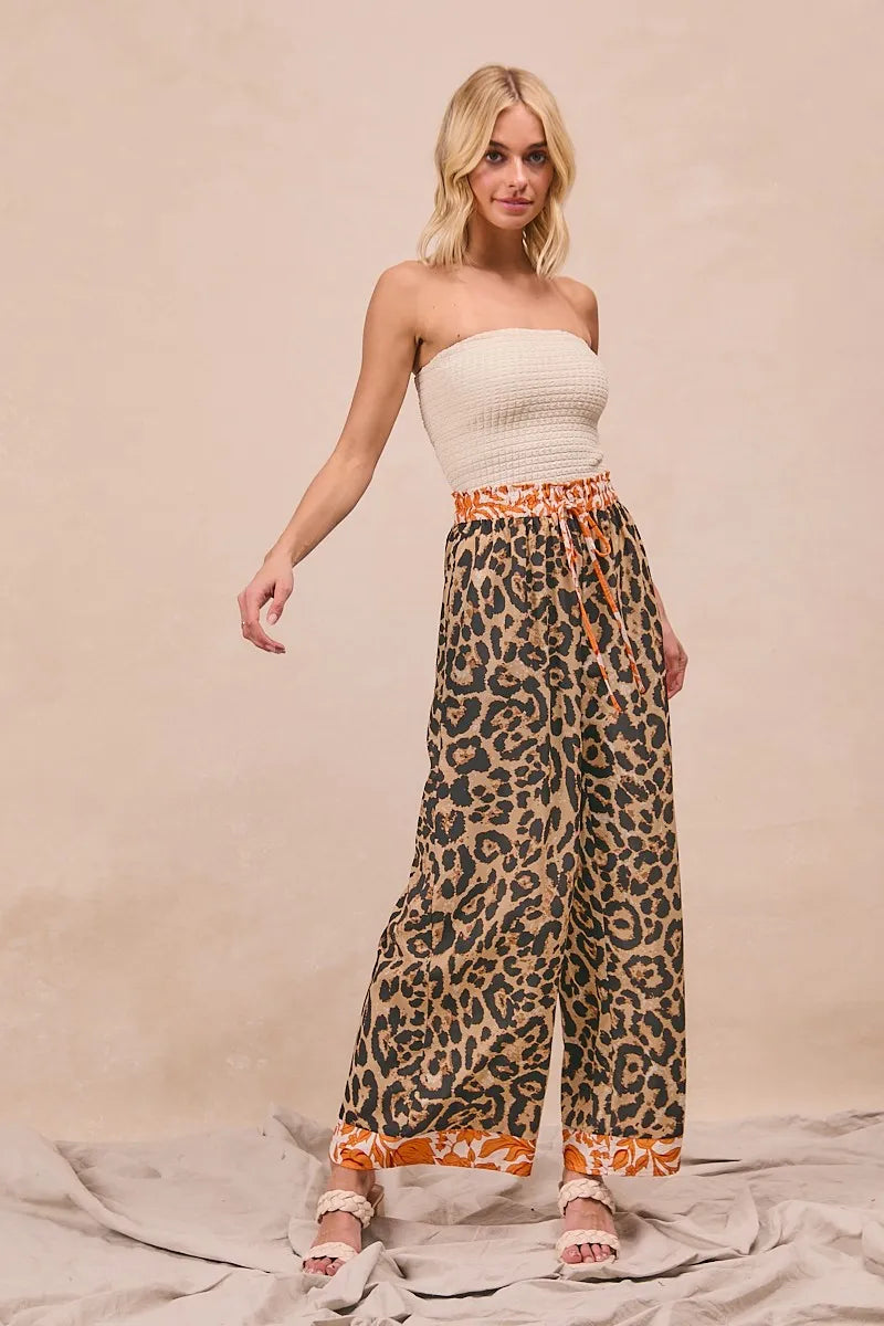 BiBi Leopard Print Wide Leg Pants – Contrast Banded High Waist Trousers
