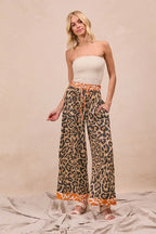 BiBi Leopard Print Wide Leg Pants – Contrast Banded High Waist Trousers
