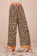 BiBi Leopard Print Wide Leg Pants – Contrast Banded High Waist Trousers
