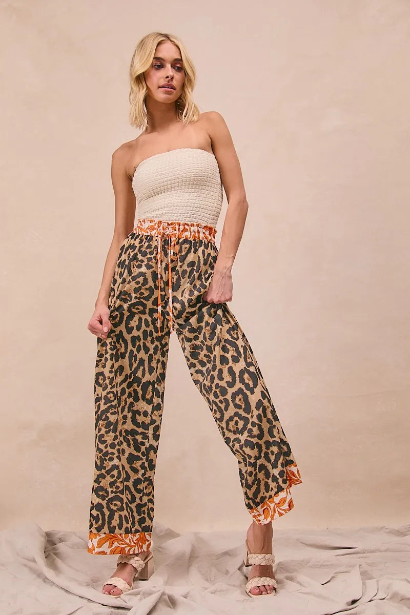 BiBi Leopard Print Wide Leg Pants – Contrast Banded High Waist Trousers