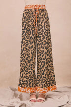 BiBi Leopard Print Wide Leg Pants – Contrast Banded High Waist Trousers