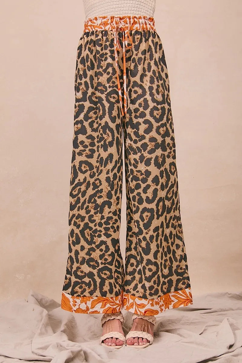 BiBi Leopard Print Wide Leg Pants – Contrast Banded High Waist Trousers