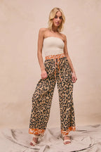 BiBi Leopard Print Wide Leg Pants – Contrast Banded High Waist Trousers