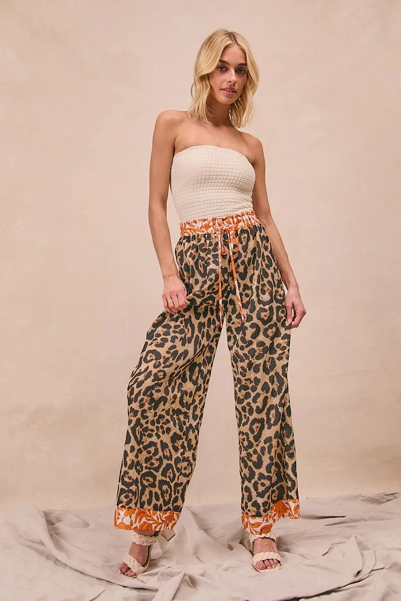 BiBi Leopard Print Wide Leg Pants – Contrast Banded High Waist Trousers