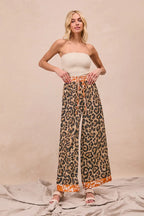 BiBi Leopard Print Wide Leg Pants – Contrast Banded High Waist Trousers